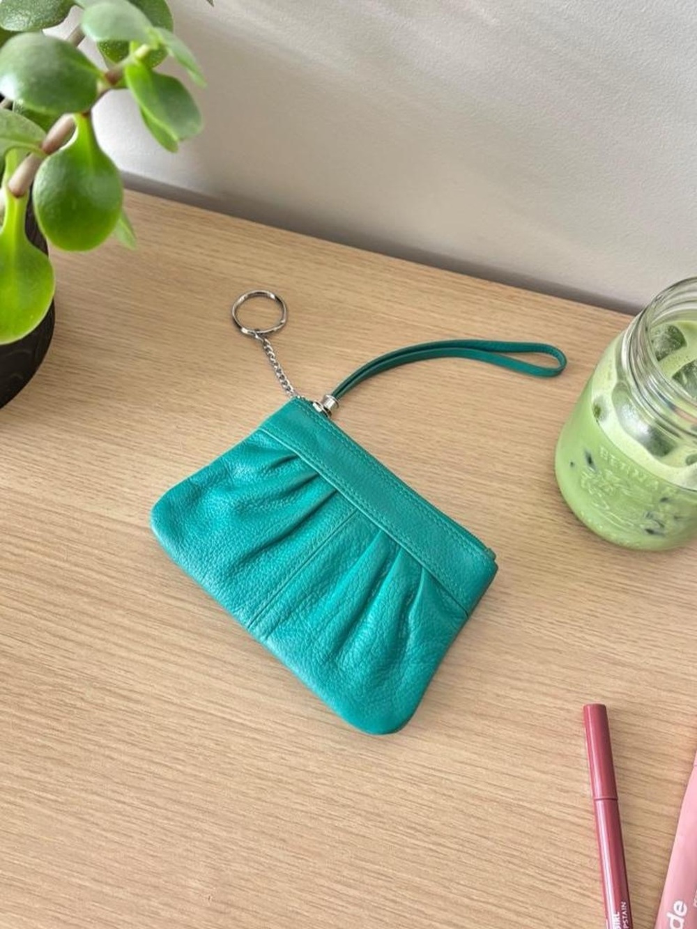 Danier Teal Leather Wristlet